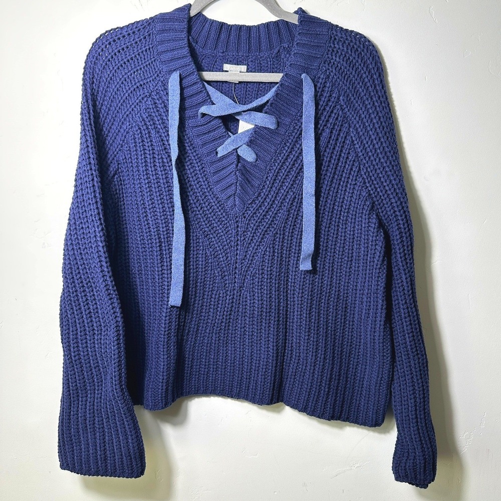 Aerie Women's Lace-Up Sweater Blue Sz L Chunky Cable-Knit V-Neck Preppy Coastal